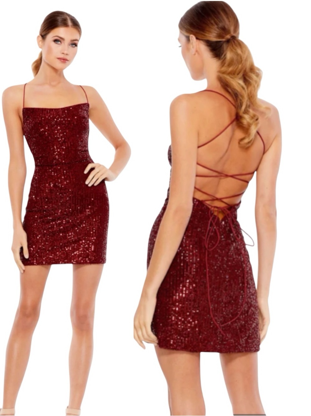 NWT MacDuggal 26479 Sequin Strappy Back Mini Formal Prom Dress Burgundy Size 6
